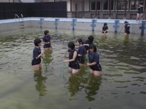 【画像】めっちゃ汚いプールを清掃する女子部員たち🤮
