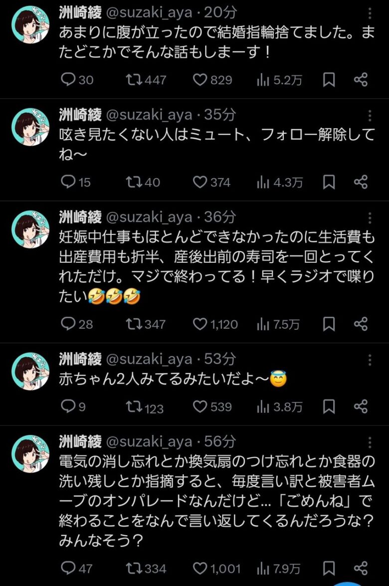 【画像】人気アイドル声優、夫への愚痴をSNSに連投wwwwww