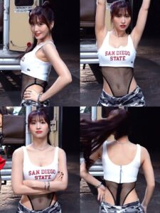 【画像】TWICEモモさん、とんでもないあたシコ服を着てしまう